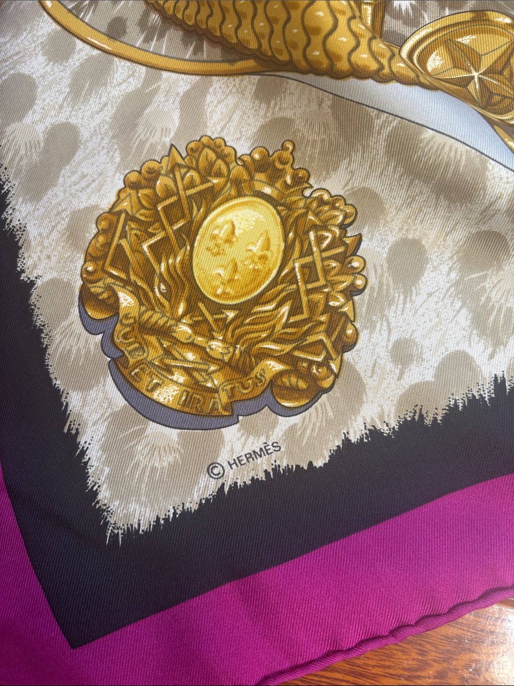 Hermes Purple Gold Black White Silk Scarf with Equestrian Helm Motifs